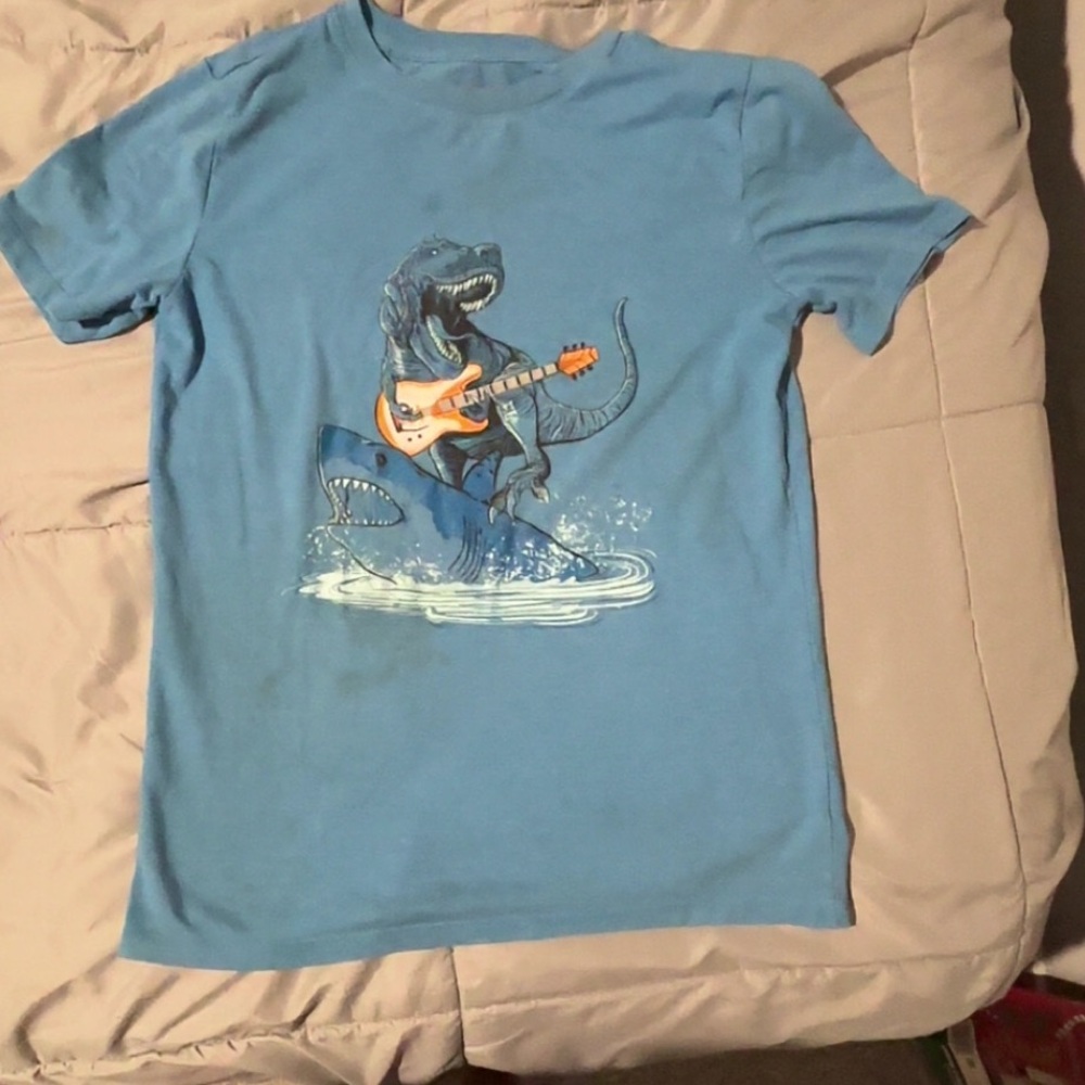 Blue Kids Graphic Tee with Guitar-Playing Dinosaur